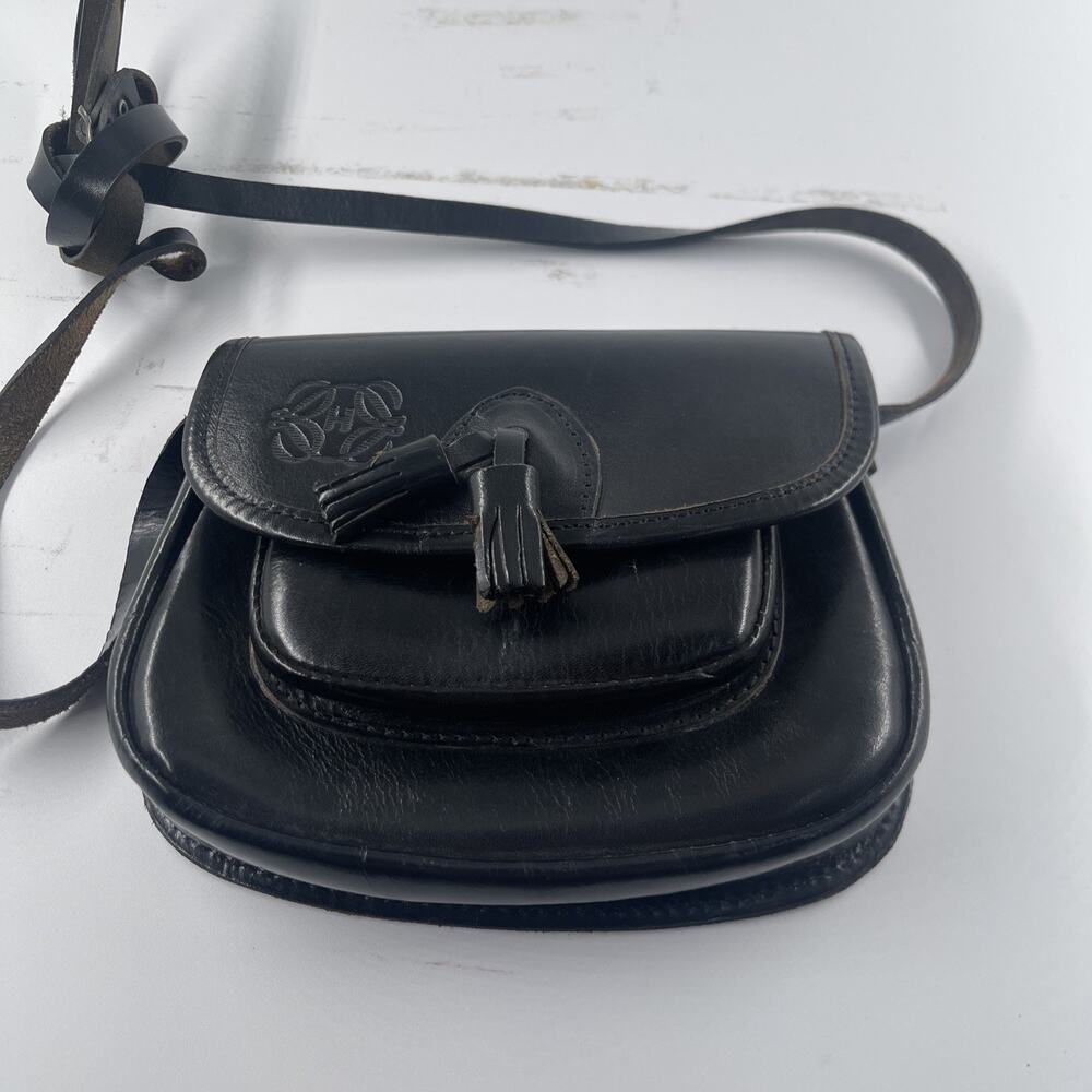 Vintage El Corte Ingles Black Leather Saddle Crossbody Bag Tassel Made in Spain